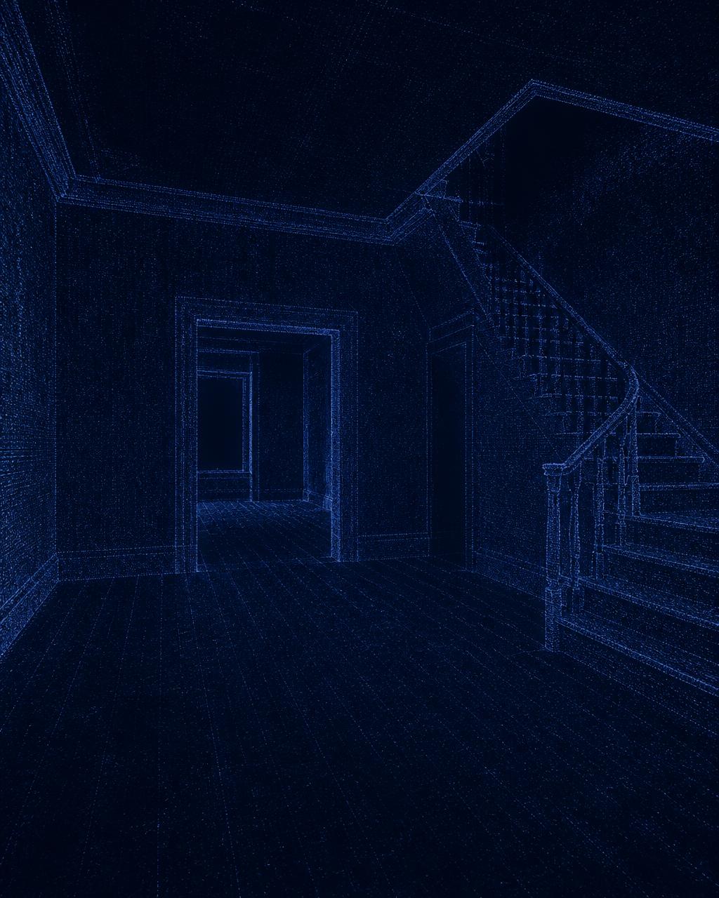 Interior of an empty period house rendered as a navy laser-scan point cloud, as captured for a 360° virtual tour
